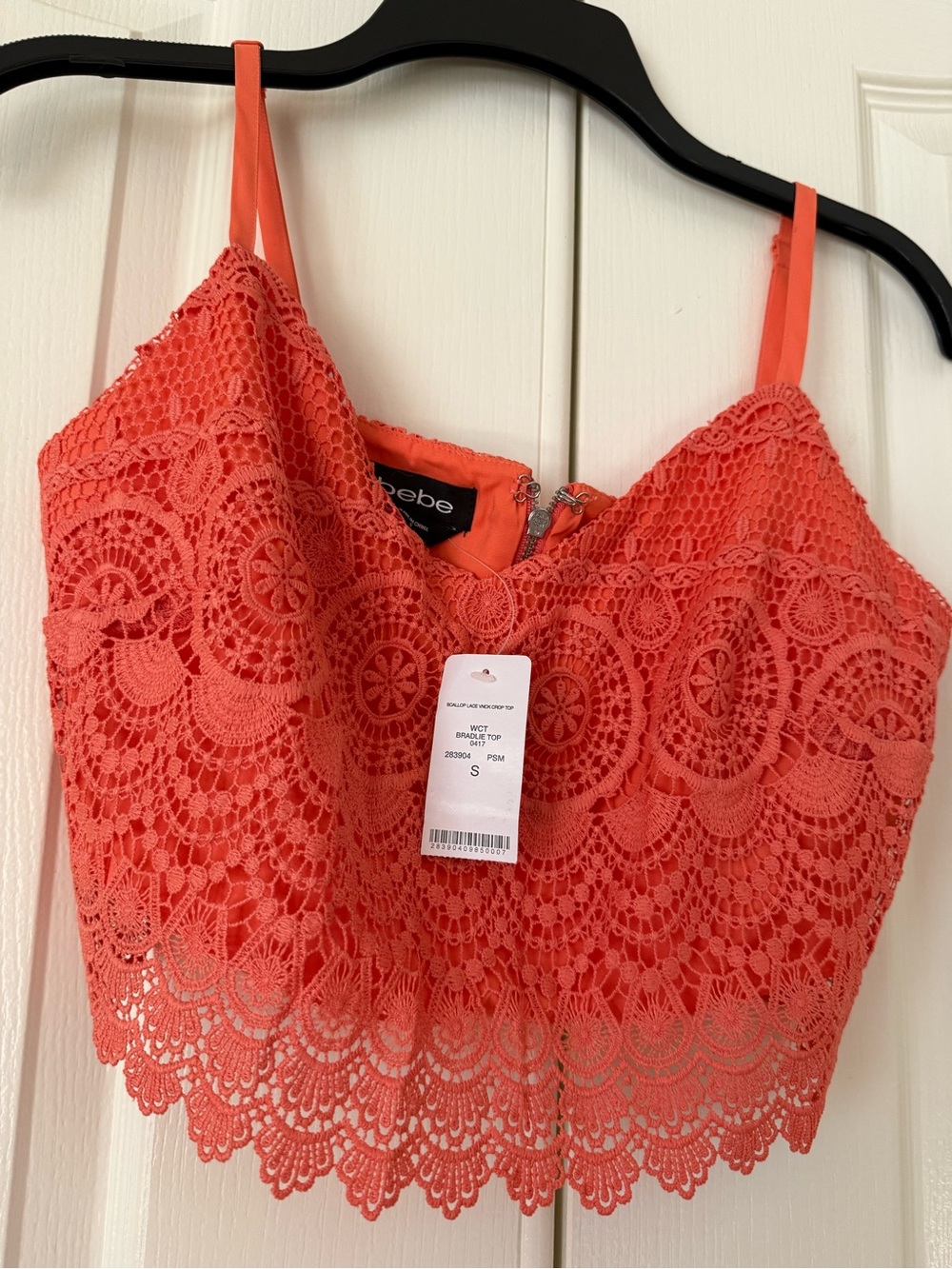 bebe Coral Lace Crop Top and  Mini Skirt 2 piece set.  Brand New with tags